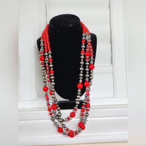 Red and Silver beaded Necklace
